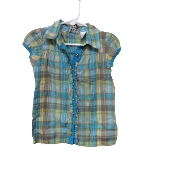 Pogo Club Plain Short Sleeve Button Down 18 Months Blue And Green Cotton - Picture 1 of 3